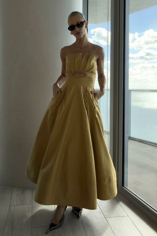 Imagem de Vestido Mídi Sobreposição Estruturada Busto Kaki Médio Zen